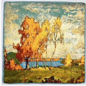 Silk like Fall Trees Print Head Scarf 35" Square Silk Hair Wrap